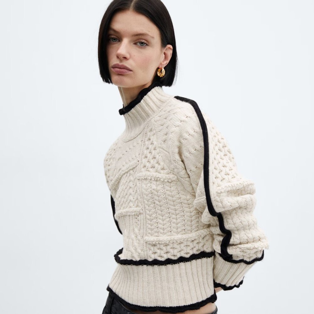 SOFT and COZY Mango Off-White and Black Cable-knit Sweater with Contrasting Trim